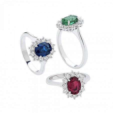 ANELLO IN ORO BIANCO, DIAMANTI E PIETRE COLORE