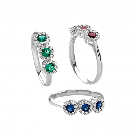 ANELLO IN ORO BIANCO, DIAMANTI E PIETRE COLORE